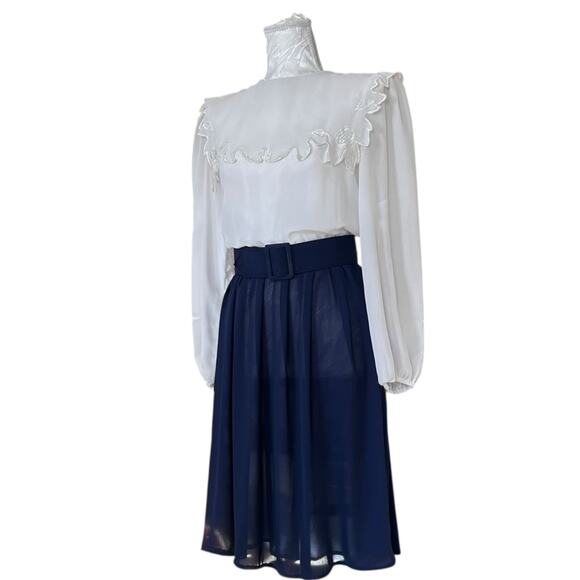 Vintage 80s White Blue Sheer Belted Dress Womens Sz Small Lace Collar Coquette - Picture 16 of 16